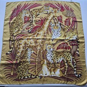 Salvatore Ferragamo Gold Tan Red Burgundy Designer Silk Square 33x33 Scarf $530